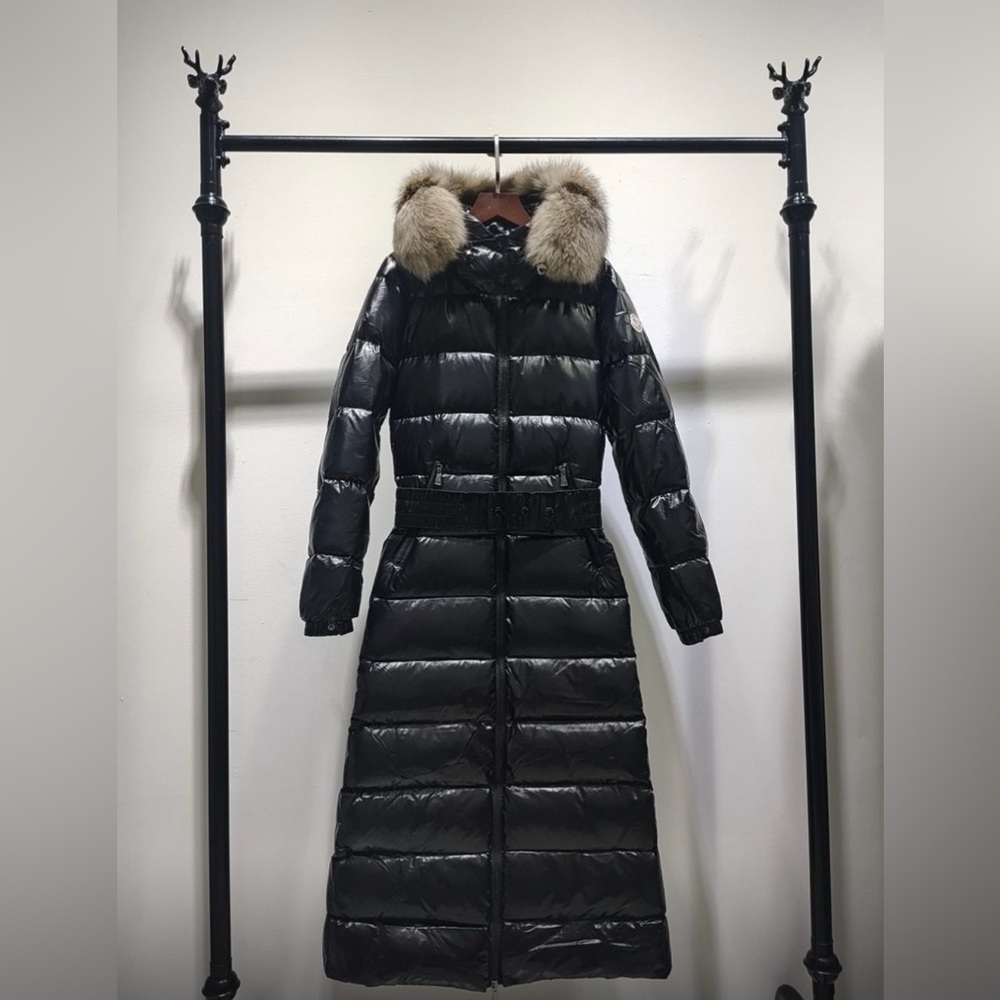 Moncler Black Long Gloss Quilted Down Coat with Fur-Trim Hood